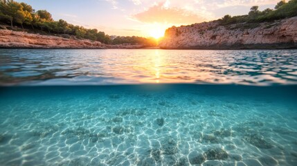 Serene splitscreen underwater and sky scene with clear waters and bright sunset sky creating a peaceful atmosphere
