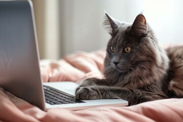 Fluffy gray cat is lying on a pink blanket with its paws on a laptop keyboard, looking attentively at the screen