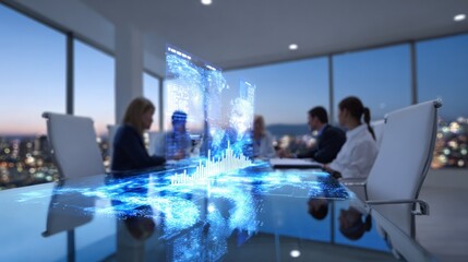 Group of business professionals in modern office analyzing holographic data display