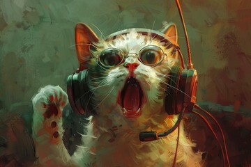 Excited cat wearing headphones and glasses is streaming a videogame and shouting