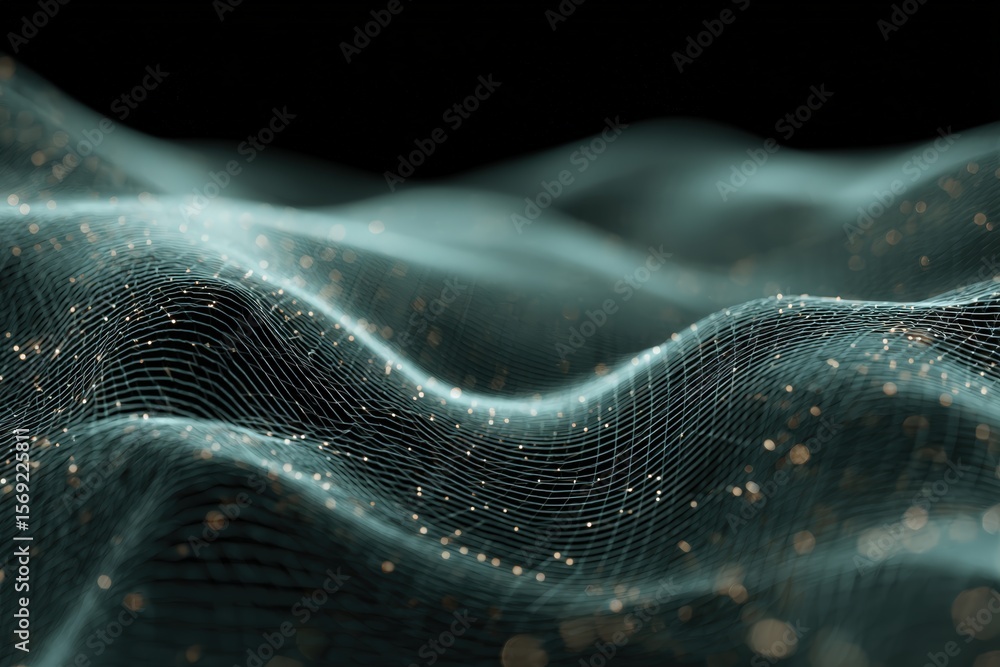 Fototapete Dynamic 3D grid surface with abstract wave movement and interconnected points representing cyberspace and artificial intelligence, perfect for data science and virtual environment digital renderings