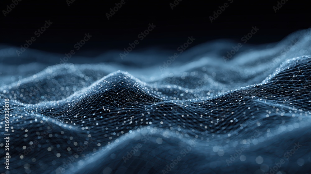 Poster abstract 3d wave landscape with glowing connected dots forming digital mesh pattern, perfect for ai,