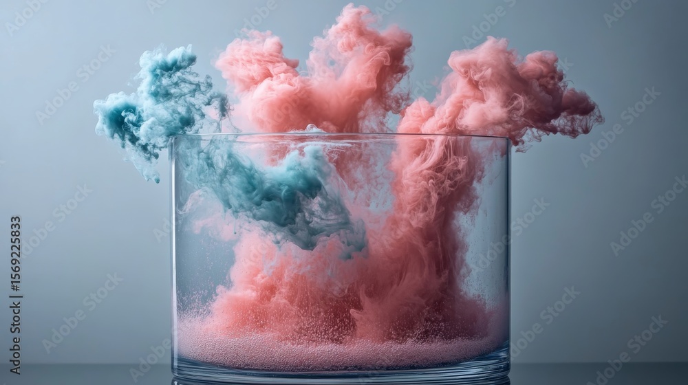 Poster dynamic teal and magenta ink clouds swirling inside a glass tank captured in sharp focus against a d