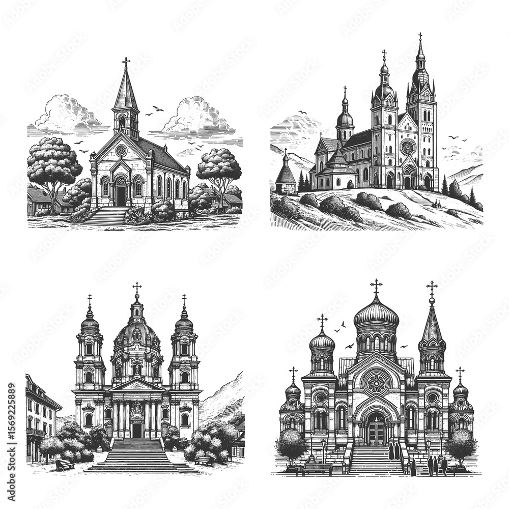 Poster historic churches in various architectural styles set collection bundle sketch engraving generative 