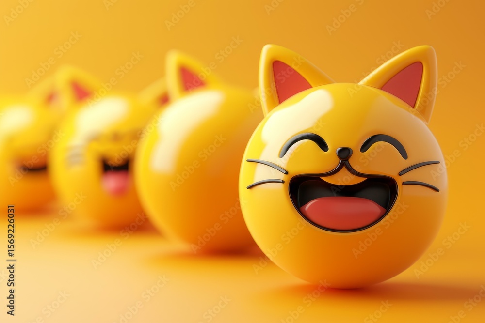 Fototapete 3d rendering of a row of laughing cat emojis showing different expressions on an orange background