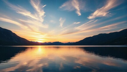Obraz premium Serene lake reflecting a distant mountain and colorful sky at sunset, capturing natural beauty in the Lake District.