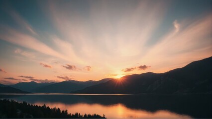 Fototapeta premium Serene lake reflecting a distant mountain and colorful sky at sunset, capturing natural beauty in the Lake District.