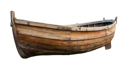 Photograph of a weathered, wooden boat with a simple design and aged appearance.