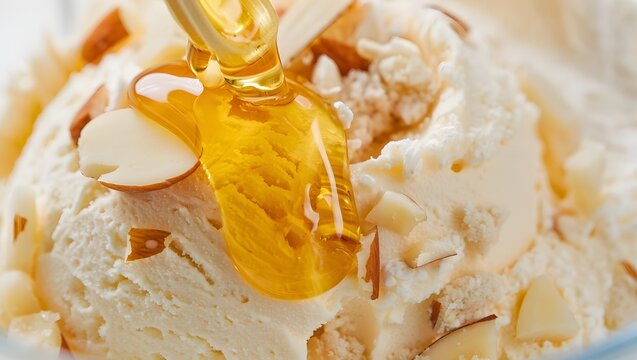 Delicious creamy ice cream topped with sliced almonds and a drizzle of golden honey