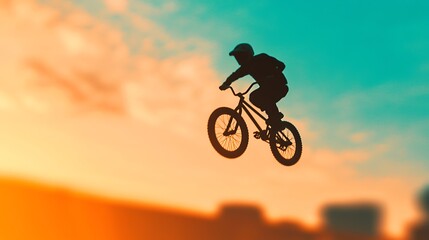 Obraz premium BMX Rider Silhouette Jumping Against Sunset Sky