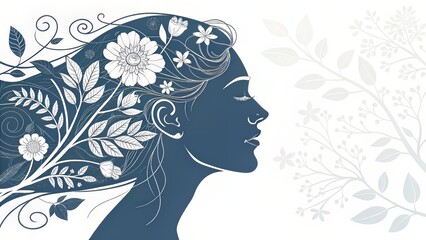 Stylized Woman in Cool Tones with Nature Motif Expressing Harmony and Reflection