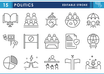 A set of line icons related to Politics. Party, flag, election, protest, parliament, worldwide, and so on. Vector editable stroke.