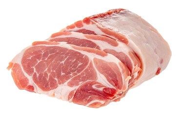 Fresh pork shoulder cuts stacked with marbled texture on white background for cooking ideas