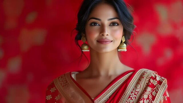 Young indian woman in a traditional red sari and gold jhumka earrings smiles and playfully winks. Footage for cultural festivals like diwali or holi, ethnic fashion, or wedding ceremony announcements