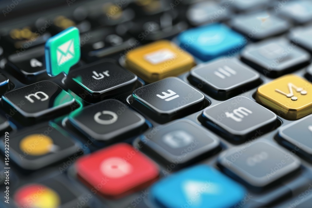 Poster email notification icon hovering over modern keyboard keys, symbolizing online communication and mes