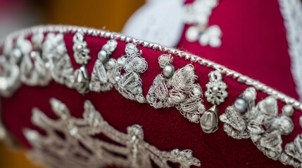 Obraz premium Hand-embroidered charro hat with silver embellishments, deep red fabric and intricate stitching under golden light.