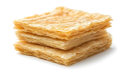 Photograph of layered puff pastry biscuits stacked neatly on a white surface.