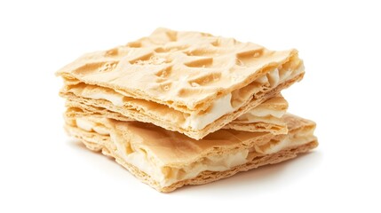 Photograph of stacked cookies, white chocolate filling, textured waffle-like exterior, close-up shot.