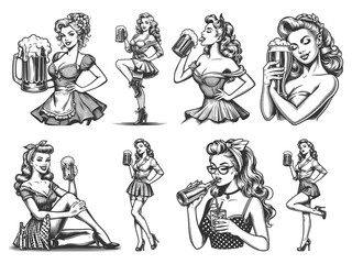 Pin-Up Girl Drinking Beer Set collection bundle sketch engraving generative ai raster illustration. Scratch board imitation. Black and white image.