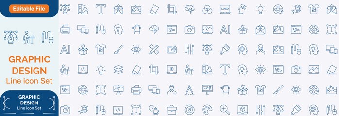 Graphic Design line editable icon set.Contains such icons as Creativity, Layout, Mobile App Design, Art Tools, Drawing Tablet, Typography, and more. Editable stroke. Line icon set