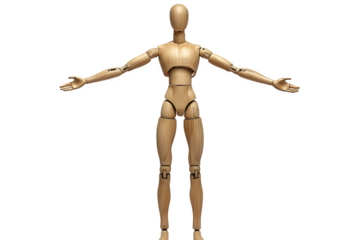 Wooden artist mannequin in dynamic pose isolated on white background