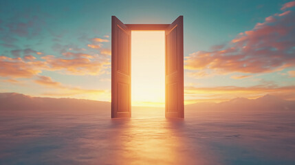 An open door stands on a reflective surface, glowing with warm light, against a dramatic sky at sunrise or sunset.