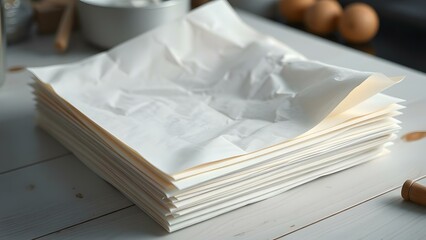 Stacked sheets of baking paper on a kitchen countertop, perfect for culinary preparation and food activities.