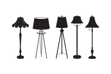 Silhouette bundle art illustration of five different vintage-style floor lamps (1)