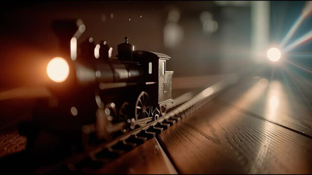 Toy train travels along tracks creating a nostalgic atmosphere in warm lighting