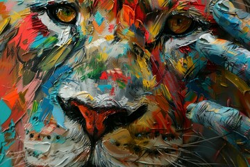 Artist working on a vibrant impasto painting of a lion, applying thick layers of paint with a palette knife