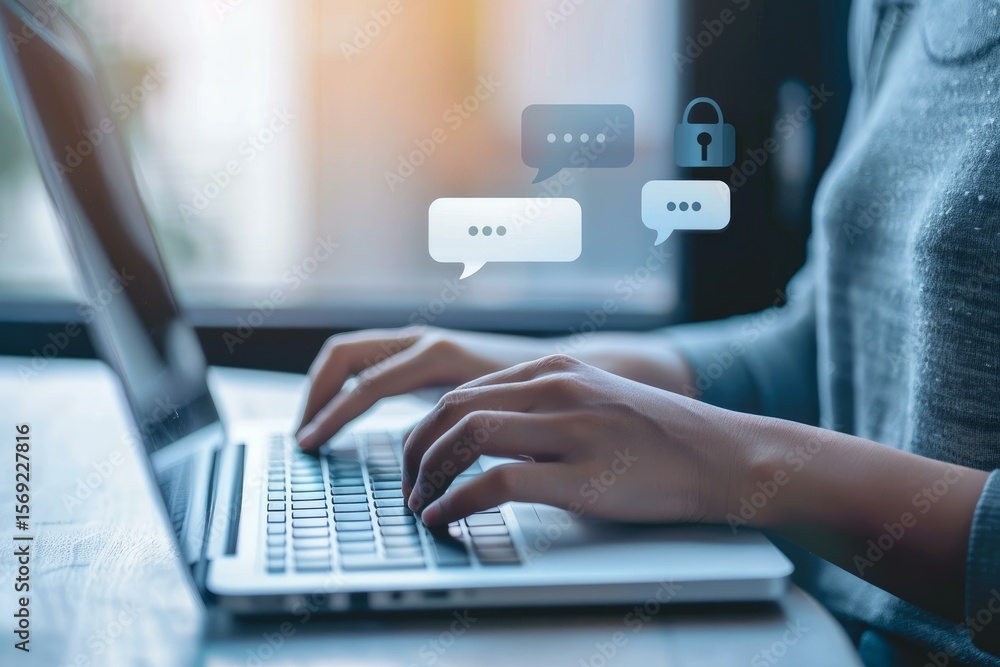 Poster office worker ensuring online privacy and data protection while using secure messaging app on laptop
