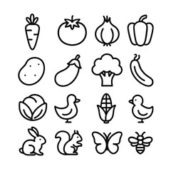 Collection of food and animal line icons. Includes vegetables like carrot, tomato, potato, and animals like duck, rabbit, and bee. Vector set