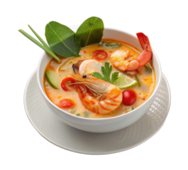 Delicious Thai shrimp soup with lemongrass and herbs in a white bowl for authentic Asian flavors