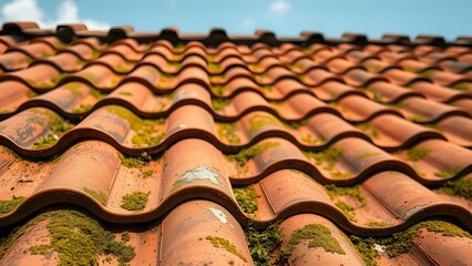 A close-up of a weathered roof showcasing tile texture and moss growth against a blue sky backdrop.