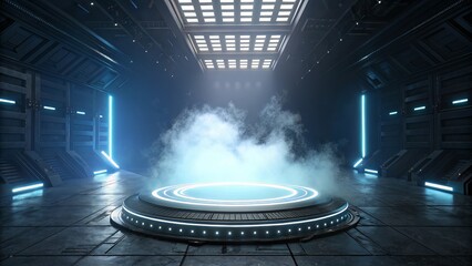 Glowing Platform in Misty Tech Space Signaling Futuristic Reveal