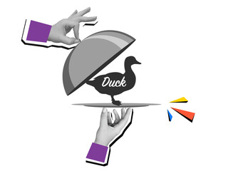 Black and white hands remove the lid from a plate with duck silhouette - restaurant serving of dish with cloche. Modern collage style. Illustration on transparent background