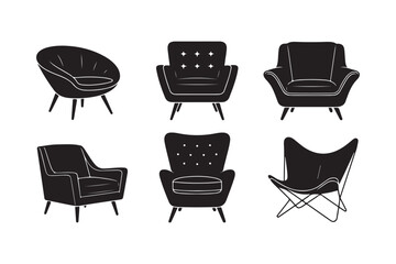 Silhouette bundle art illustration of six mid-century modern lounge chairs