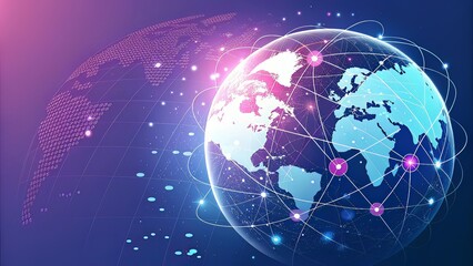 Digital Globe with Glowing Nodes on Purple-Blue Gradient Highlighting Cyber Connectivity