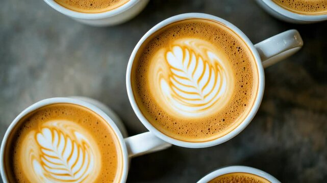 A set of four cups of coffee with unique leaf designs, perfect for a morning pick-me-up or as a gift for the coffee lover in your life