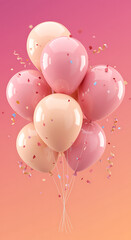 A bunch of pastel pink and peach balloons with confetti and streamers