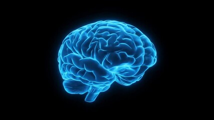 Blue glowing brain illustration on black background - Powered by Adobe
