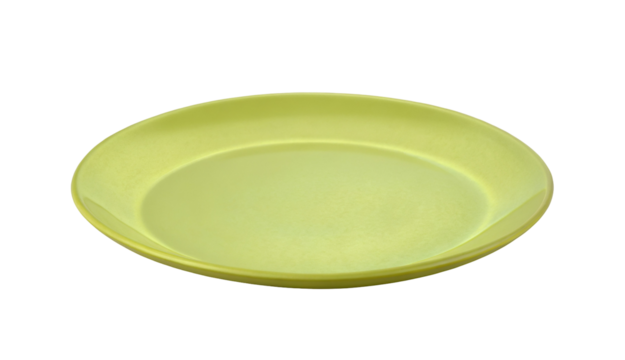 Bright yellow plastic dinner plate isolated on black background kitchenware eating utensil