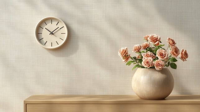 **A neutral-toned interior with a beige fabric wall, soft round clock, and a cluster of mini roses in a ceramic pot on a wooden console