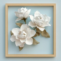 Delicate white flowers in a light wooden frame.