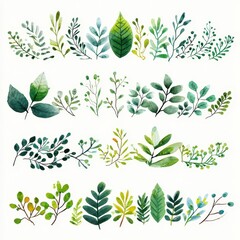 Nature Divider. Hand-drawn Floral Leaf Lines Set for Decoration Borders in Green Colors