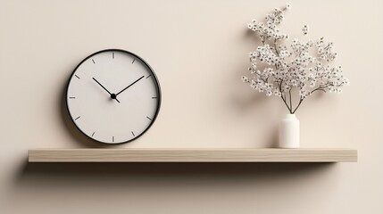 **A peaceful neutral-colored wall with a clean round clock and dainty mini flowers resting on a wooden floating shelf