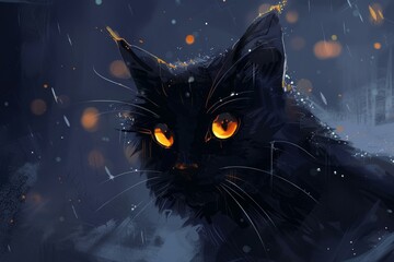 Digital painting of a black cat with bright, glowing eyes in a snowy, atmospheric night scene