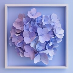 A vibrant cluster of hydrangea blossoms in a white frame.
