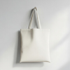  Canvas tote bag hanging on wall with blank surface, reusable shopping bag mockup, eco friendly theme"

