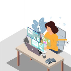 Woman working remotely analyzing financial data from laptop at cafe with monimal icon background,Modern business vector flat isometric design